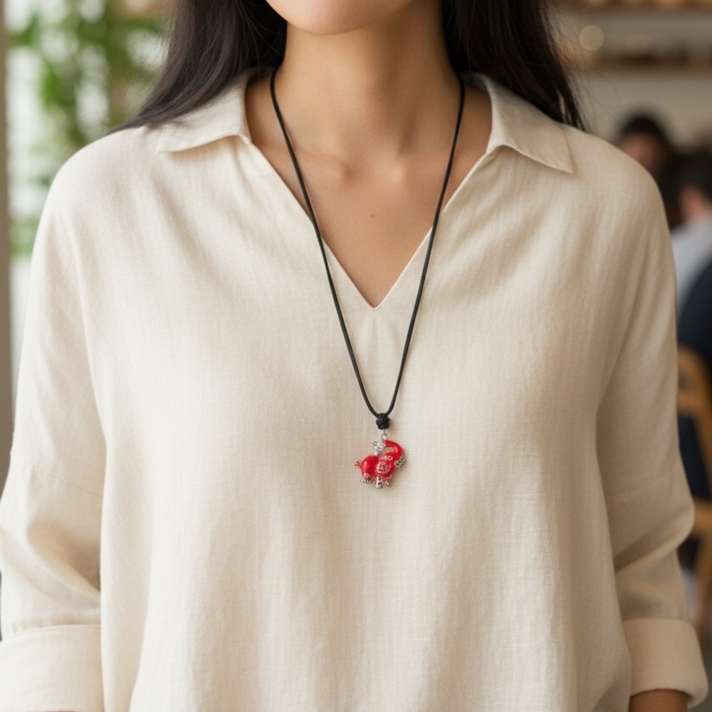 Cute Elephant Vintage Handmade Pendant with Black Leather Cord